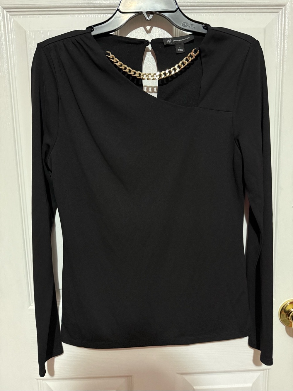 INC International Concepts Black Long-Sleeve Top with Gold Chain Accent